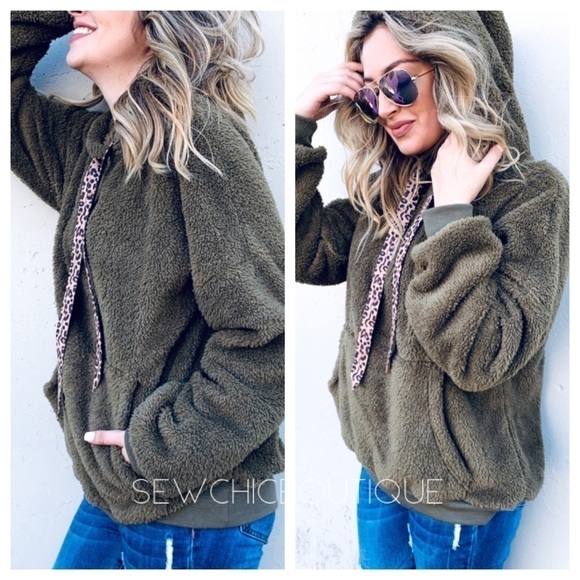 Cozy Olive Fur Hoodie W/ Leopard Straps - Picture 3 of 5